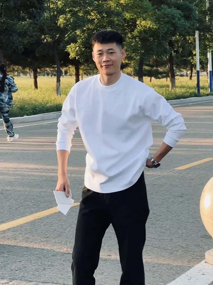 

White Long Sve Cotton Sweatirt Men's Heavyweight round Ne T-irt Sli Mature Base Layer American Sle Top