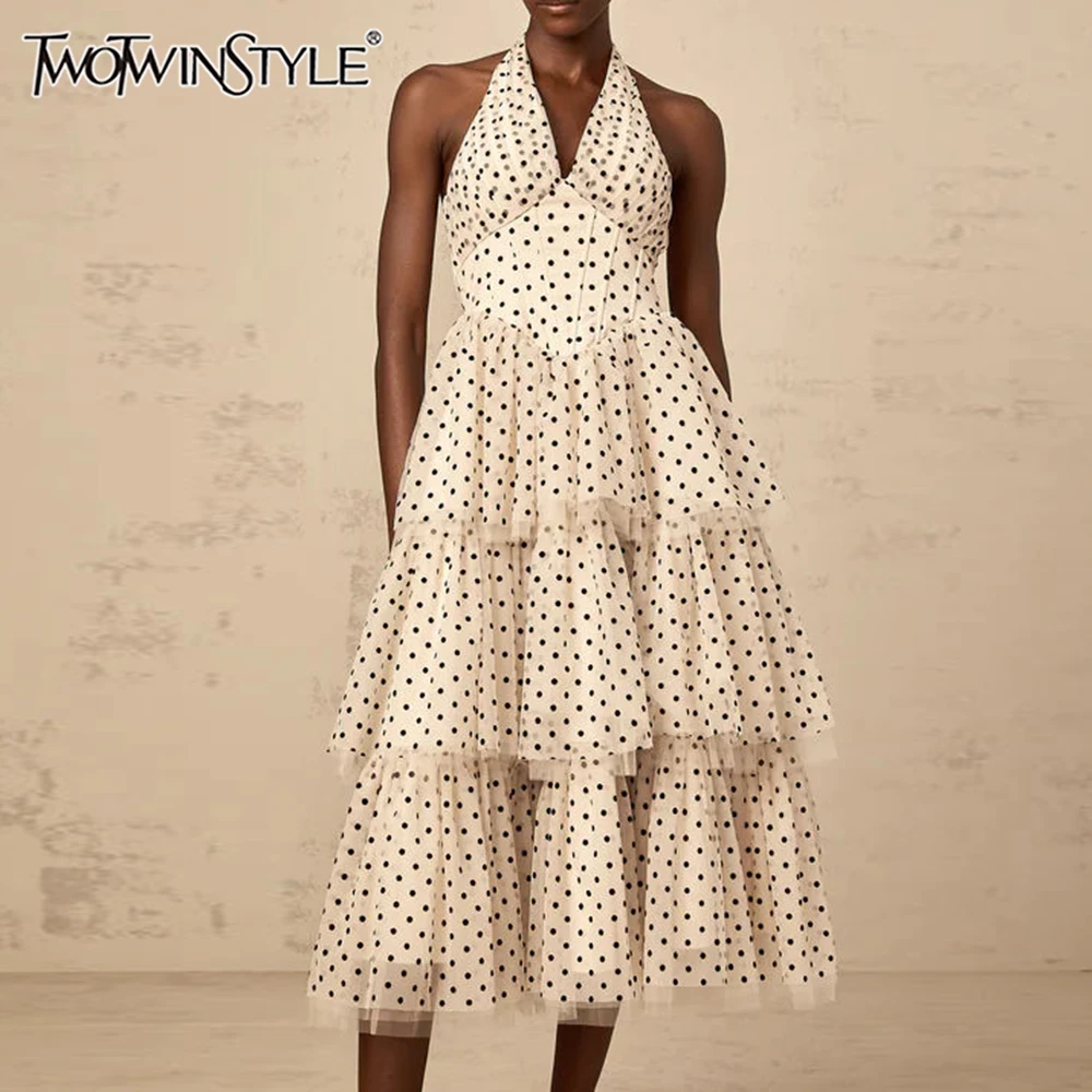 

TWOTWINSTYLE Colorblock Slimming Spliced Polka Dot Midi Dresses for Women Halter Neck Sleeveless Patchwork Lace Dress Female New