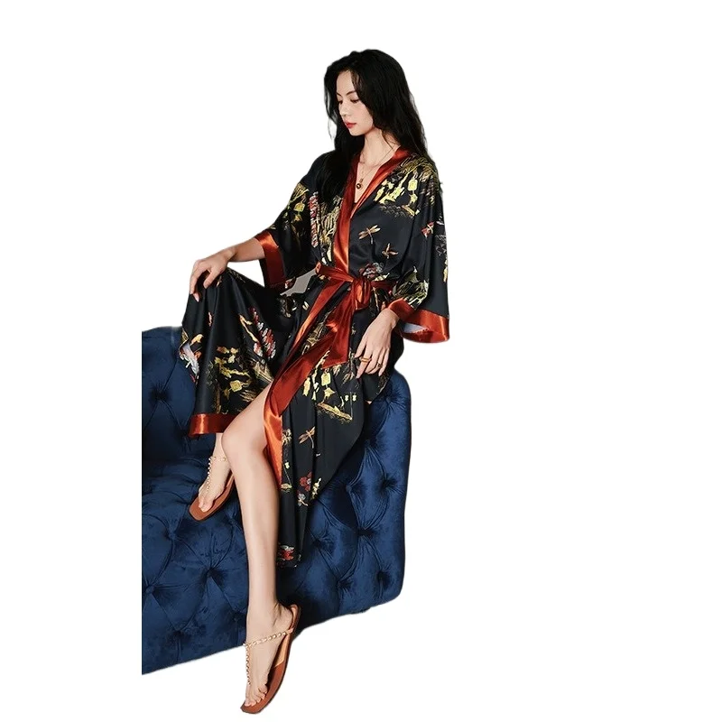 

Smooth and Soft Satin Printed Pajamas Women's Summer Large Size Light Luxury Seven-quarter Sleeves Cool Long Pajamas Loungewear