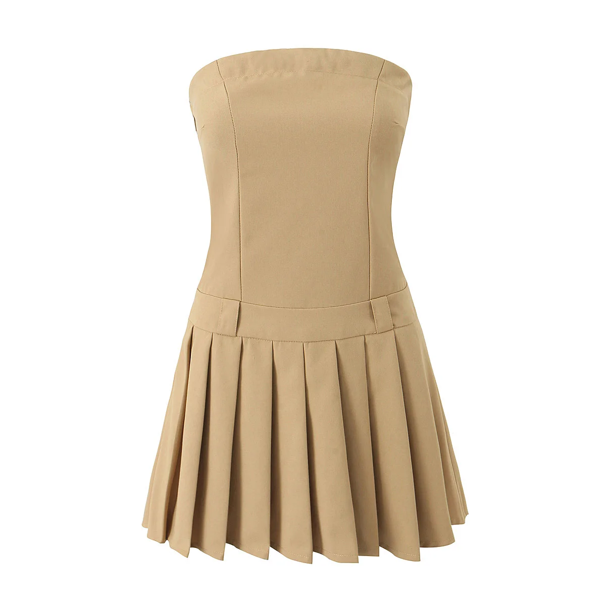 2024 Sexy Strapless Croset Style Mini Dress Safari Women Slim Low Waist A line Pleated Hem Tube top Party Robe Khaki Gray