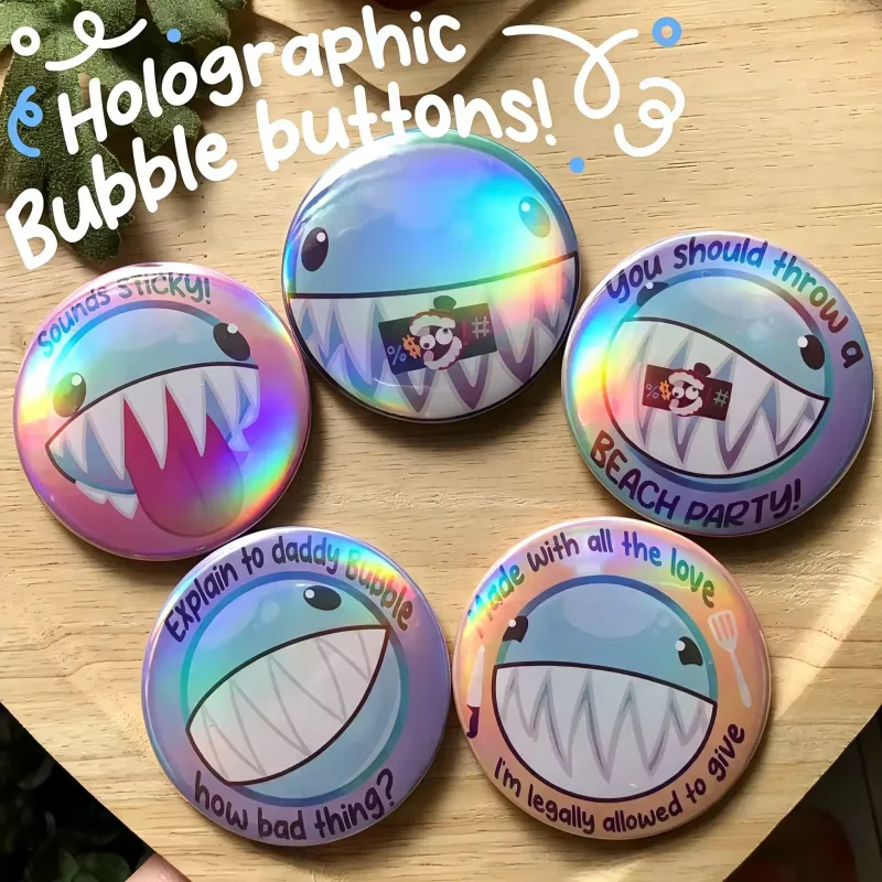 The Amazing T A D C Holographic Bubble Buttons Set Gummigoo Shark Character Pinback Badges for Backpack Jacket Decor