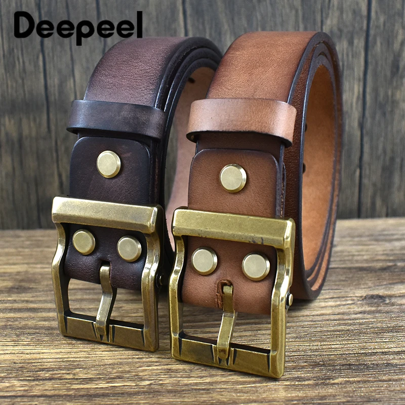 Deepeel 3.8*105-125cm New Perforated Genuine Leather Men Belts Adults Male Waistband Copper Buckle Belt DIY Clothes Accessories