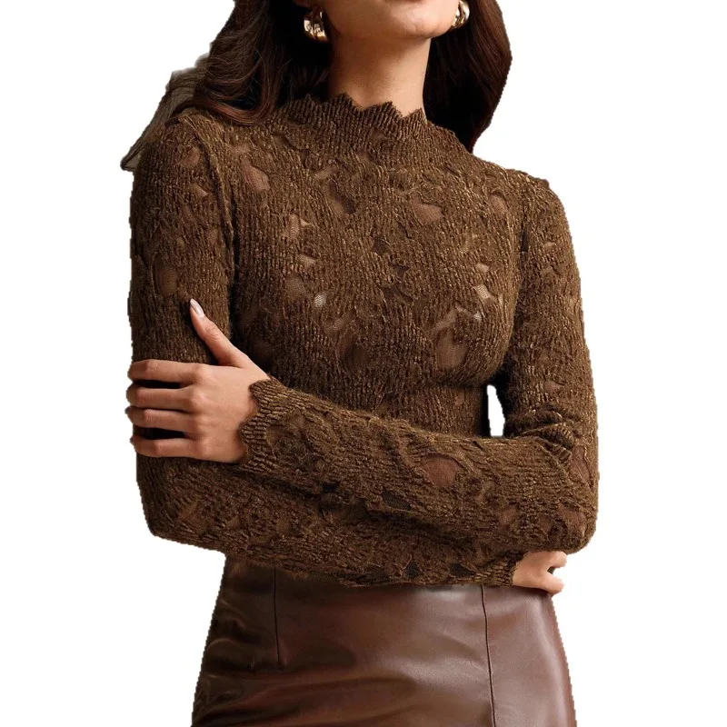 

Women Fashion Design T Shirt Plush Jacquard Lace Blouse Base Layer Top Women's Undergarment Y2k Top