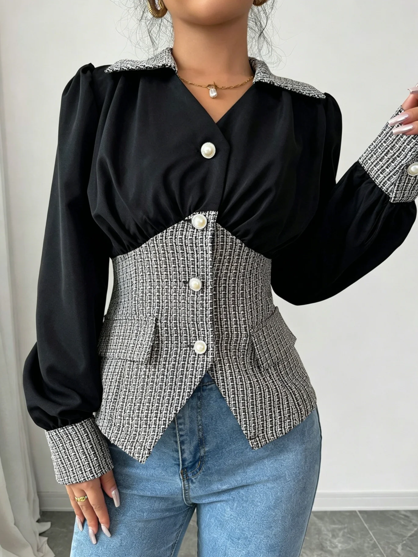 Blusa Elegante de Tweed con Parches, Manga Larga, Botones de Perla, Cuello en V, Ajustada, para Oficina, Casual, Chic, Ropa de Trabajo