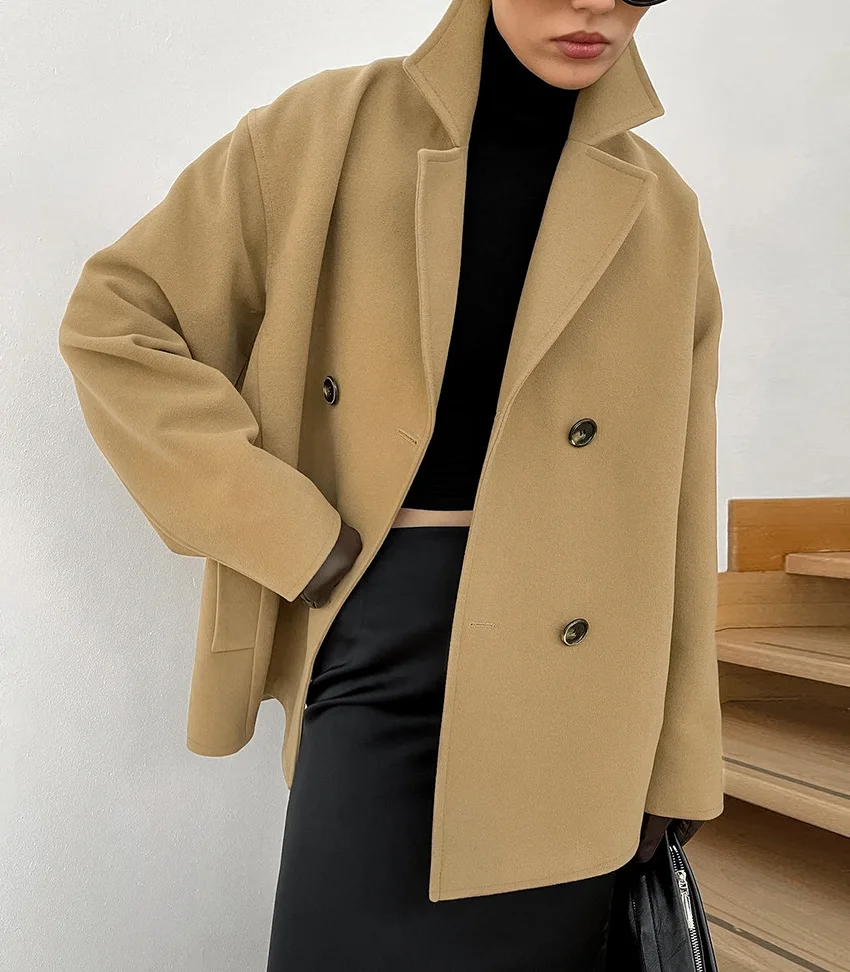 Autumn Winter Elegant Fashion Office Lady Jackets New Solid Color Woolen Coat Women Double Breasted Long Sleeve Jacket Outerwear