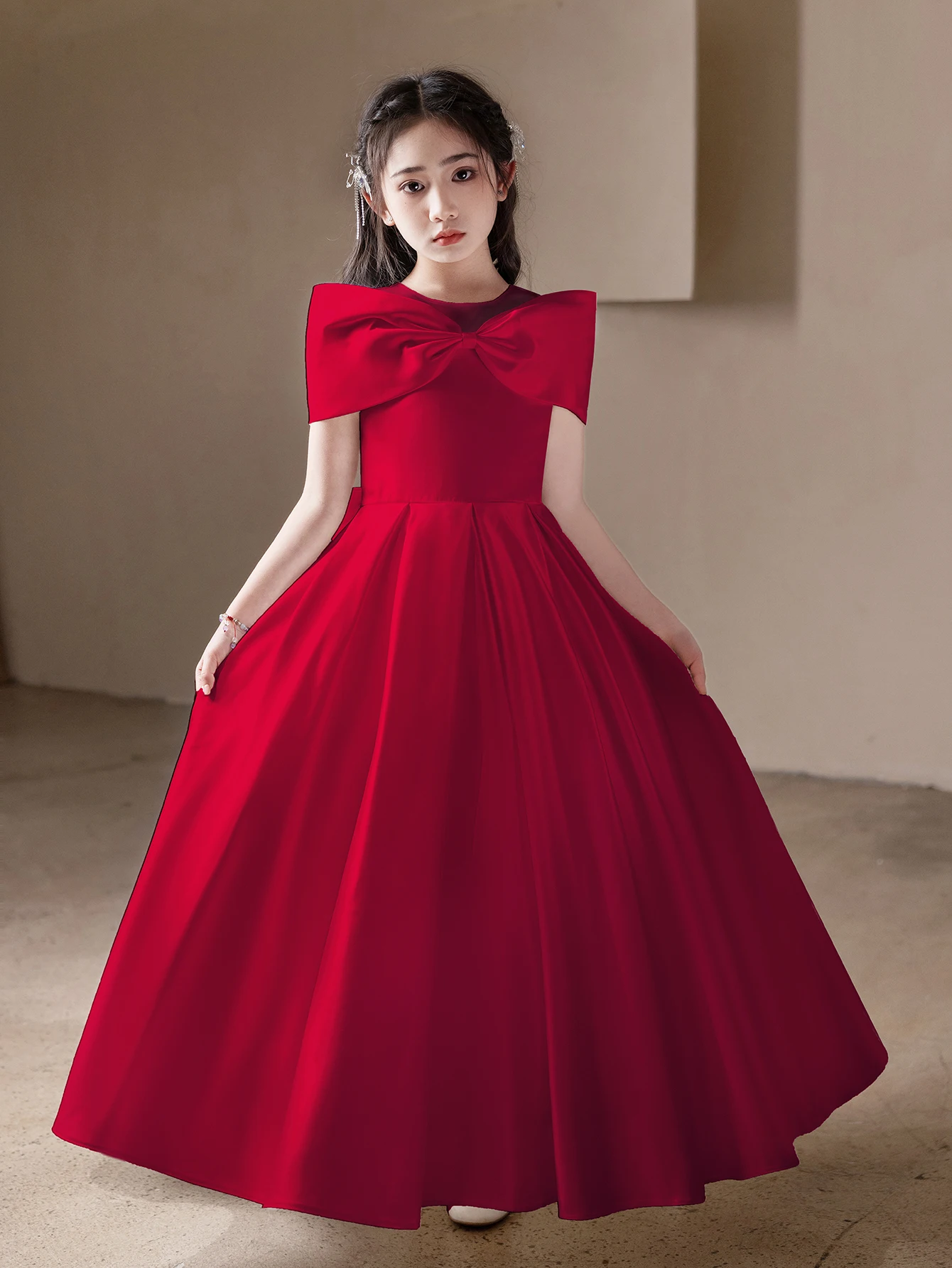 

Teenage Girl Wine Red High-End Long Skirt Dress Big Children's Birthday Party Wedding Big Bow Evening Dress