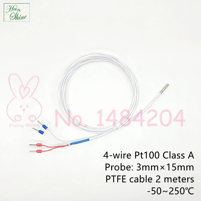 Class A Pt100 RTD -50 °C To +250°C  3mm * 15mm 4 Wire PTFE Cable 2M High Accuracy Mini Pt 100 Thermal Probe