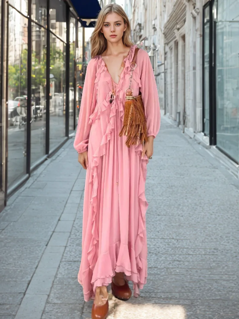 Elegante Solide Mehrere Volants Volle Hülse Roben Chic Lose V-ausschnitt Spitze Up Plissee Kleider Neue Dame Sommer Party Kleid 2023 LLQ8
