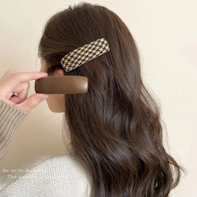 Vintage Maillard Color Plaid Leather Rectangle Hairpin For Women Girls Sweet Hair Ornament Barrette Hair Clip Hair Accessories