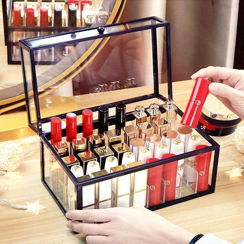 40 Slots Glass Lipstick Holder Dustproof Display Case Beauty Storage Box Luxury Makeup Organizer with Lid
