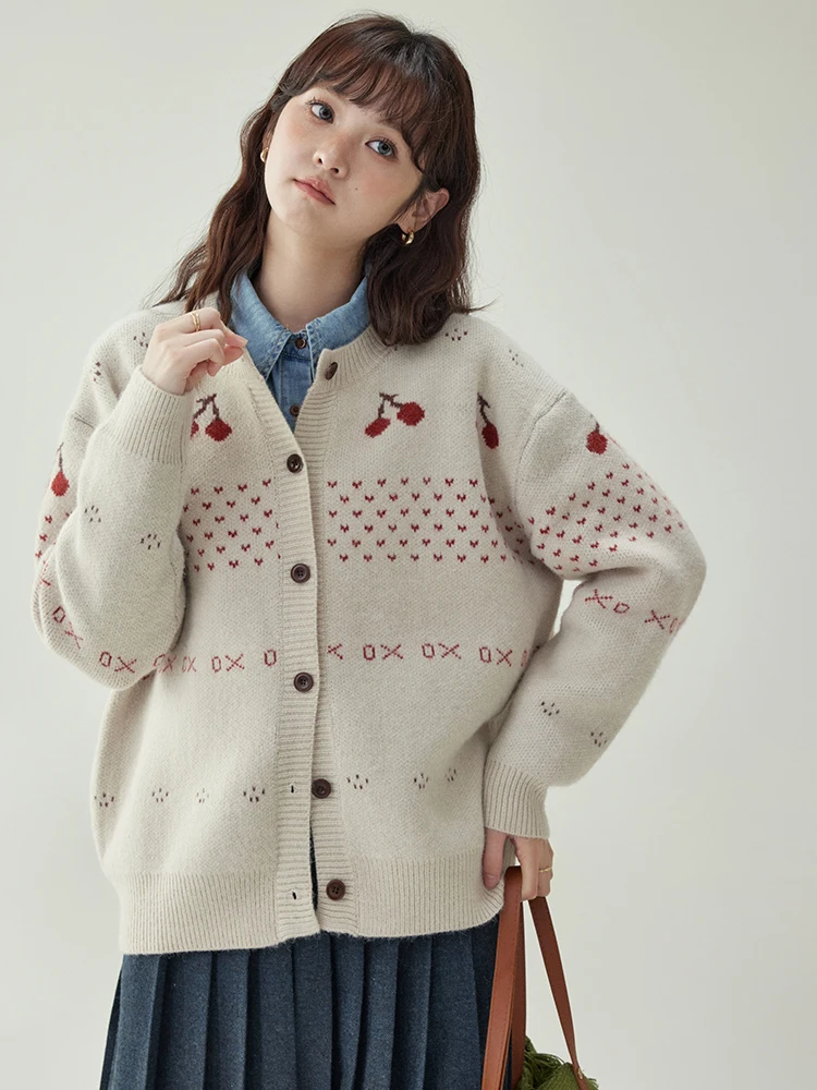 

Новый женский вязаный свитер-кардиган AMUU с узором в виде вишни, свободного кроя, осенне-зимний, с бахромой, для повседневной носки