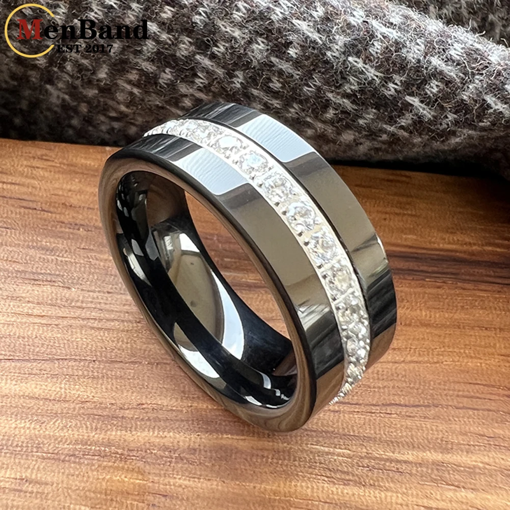 MenBand 8mm Domed Brushed CZ Stone Inlay Black Tungsten Ring for Men Women Eternity Fashion Engagement Wedding Band