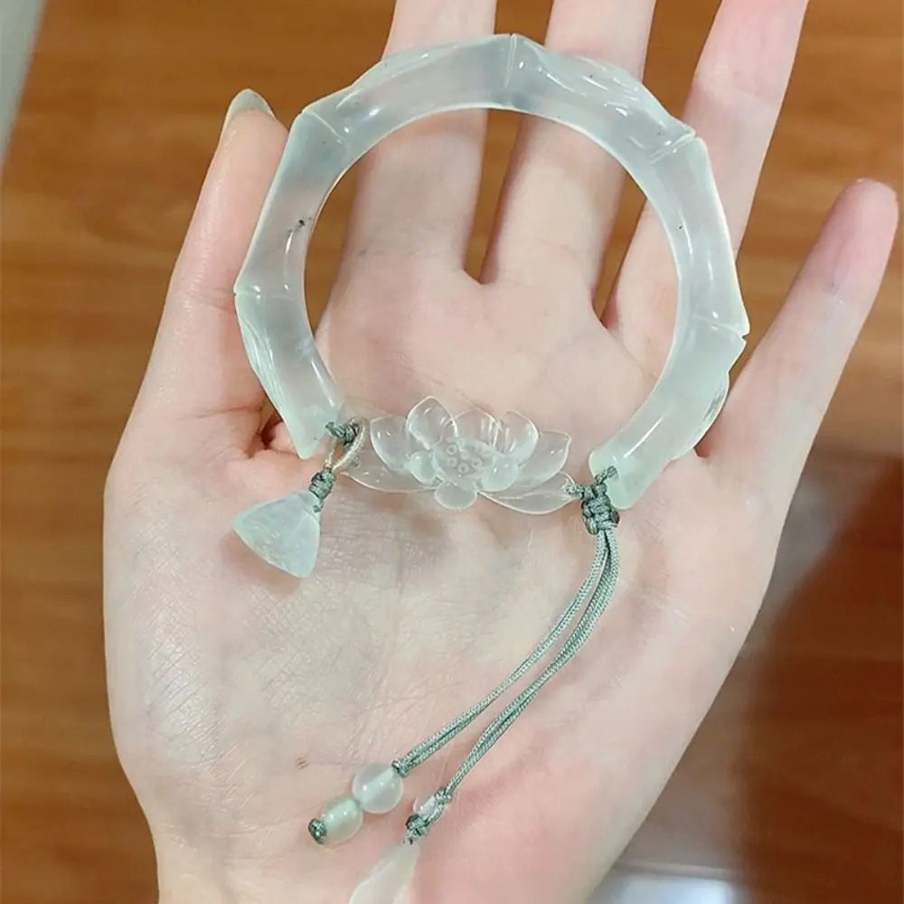 Antique Bracelet Lotus Bracelet 58mm Trendy Chinese Ancient Bracelet National Style Transparent White Moonlight Bracelet