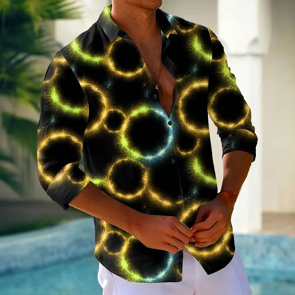 Men's Geometric Circle Neon Glow Shirt Button Up Shirt Casual Long Sleeve Fashion Casual Streetwear 3D Print Collared Shirts