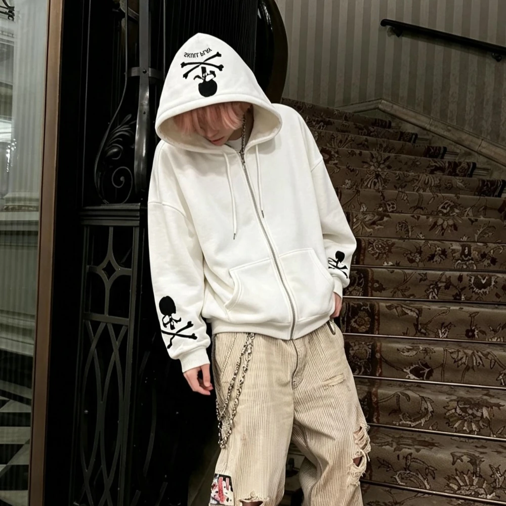 Unisex Zip Hoodie Graphic Print Long Sleeve Oversized Sweatshirt Casual Street Style Loose Hooded Jacket For Men Women