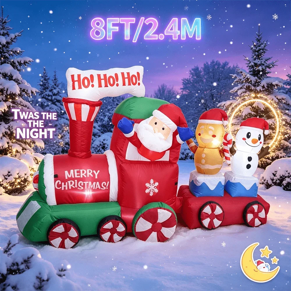 Cute 7FT Christmas Inflatable Train Santa Gingerbread Man Snowman Built Lights Blow Up Ornament Lawn Garden Xmas Festival Decor