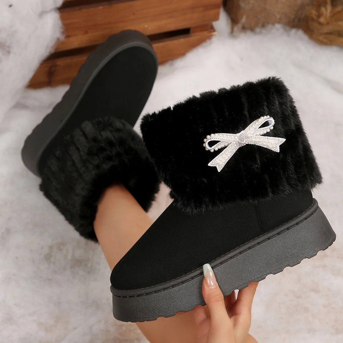 

Модные женские теплые утолщенные плюшевые зимние ботинки с круглым носком, повседневные удобные женские зимние ботинки с бантом и стразами на толстой подошве