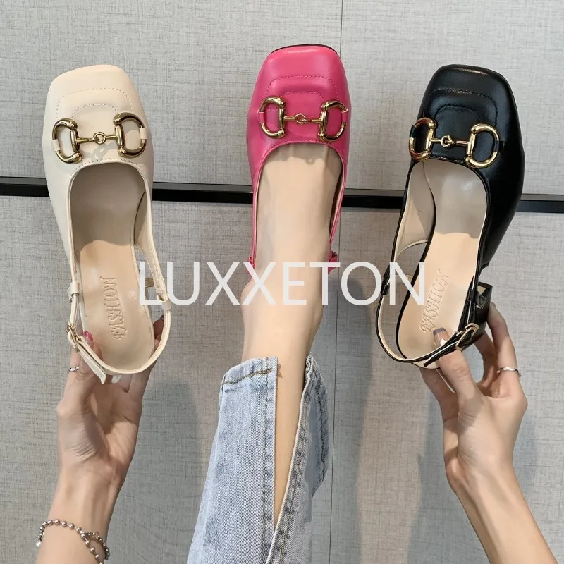 Women High Heel Sandals Summer New Fashion Metal Decoration Women Fashion Buckle Square Toe Thick Heel High Heel Sandals