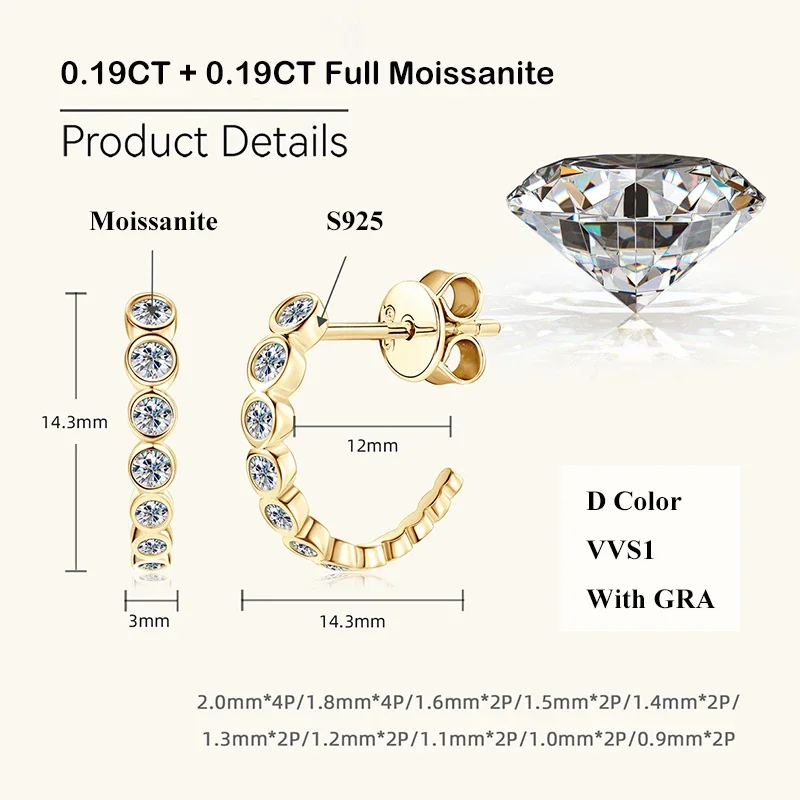 EWYA C Shape 0.38cttw Full Moissanite Stud Earrings for Women Ear Fine Jewelry S925 Silver Plated 18K All Diamond Bezel Earring