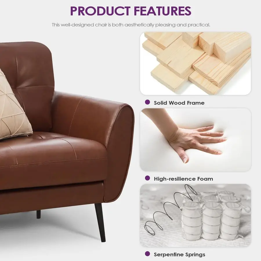 Sedia d'accento, comodo soggiorno moderno Sedie da lettura in pelle marrone Poltrona capitonnè della metà del secolo Sedia da salone piccola per