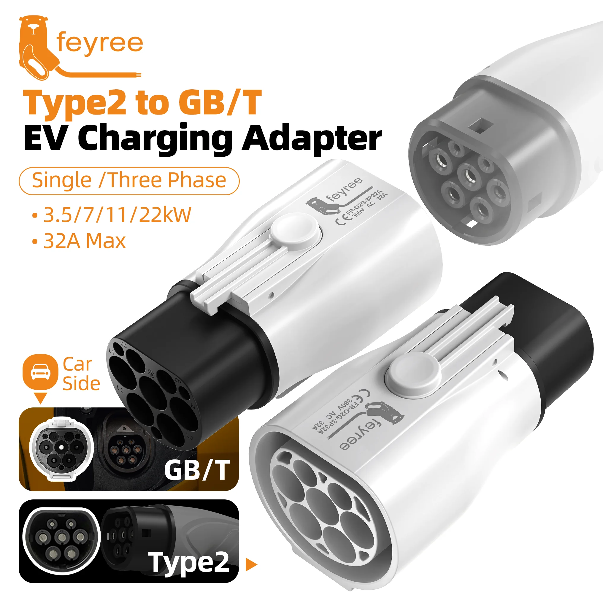 Адаптер зарядного устройства для электромобилей Feyree Type 2, конвертер IEC 62196-2 в ГБ/Т для стандартной зарядки электромобилей в Китае, разъем EV 16A 32A