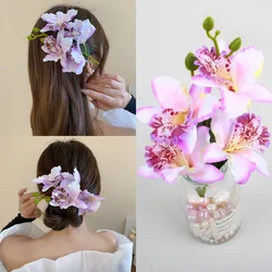 Hawaii Bohemia Beach Lily Orchid Flower Hair Clips Women Summer Holiday Travel Barrettes Hair Ornaments For Bridal Wedding Decor