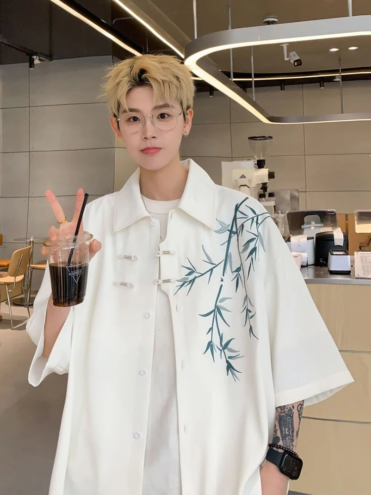 

New Chinese Style Bamboo Embroidery Short Sleeve Casual Shirt Men Summer Trendy Loose Fit Large Size Button up Outerwear