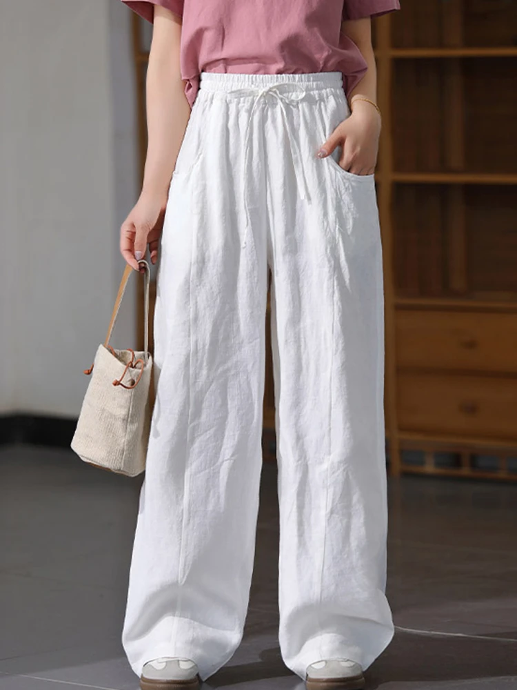 

100% Linen Women Casual Trousers New Arrival 2025 Spring Simple Style Solid Color Loose Female High Waist Straight Pants M1701