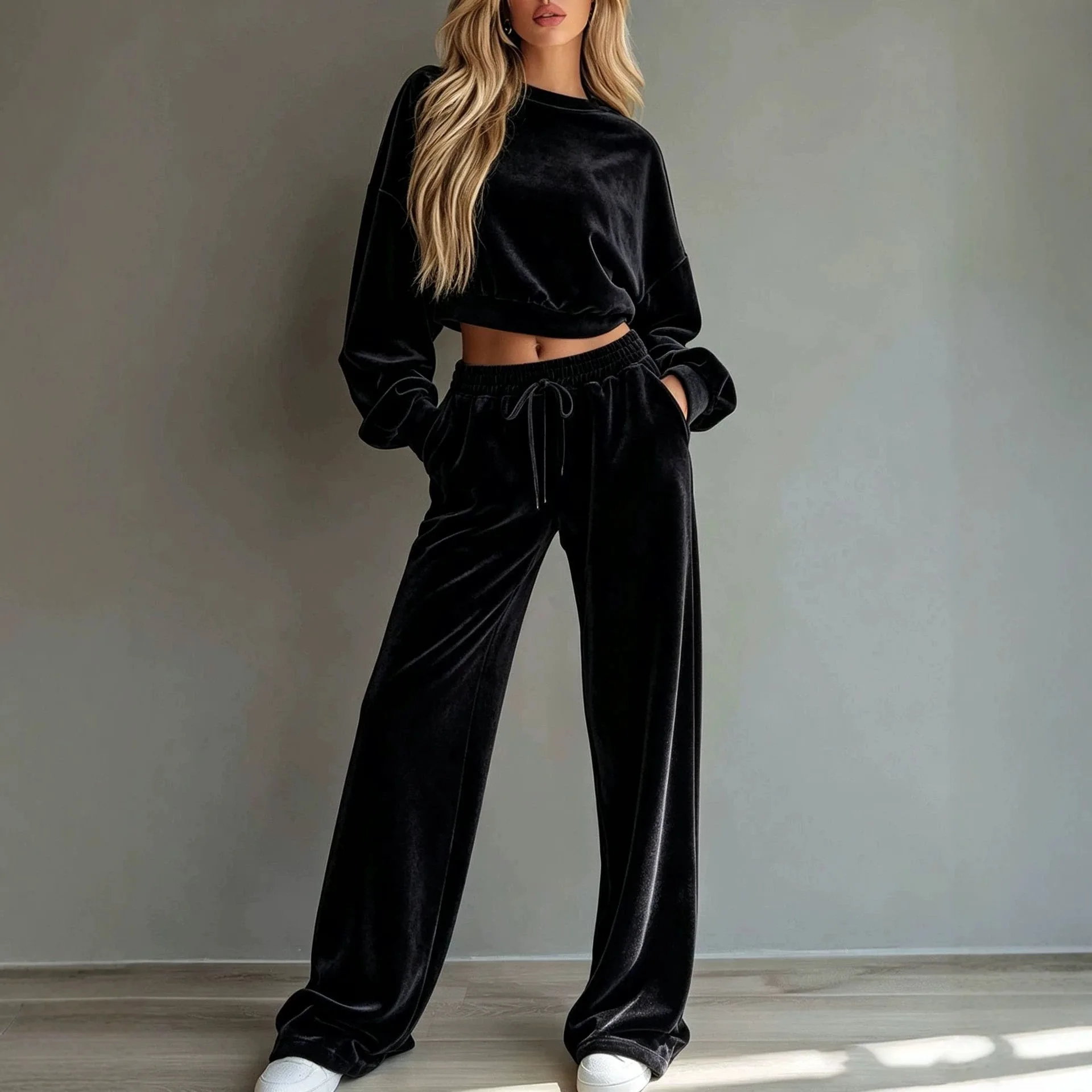 Autumn Winter Velvet Short-Sleeved Fashion O Neck Hoodie Long Pants 2 Piece Set Casual Wide-Fitting Long Pants Women Sports Set
