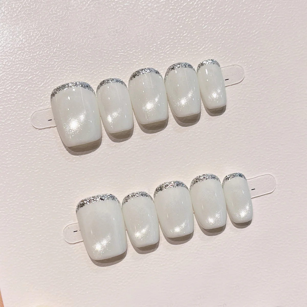 

10pcs White French Handmade Nails Glass Beads Cat-Eye Press on Nail for Women&Girl Short Square Full Coverage Nail Tips