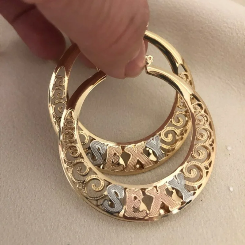 Classic Gold Color Geometry Hoops Women's Earrings Hollow Hand Carving Letter Earrings Woman Fashion Jewelry