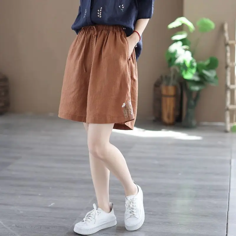 Women Summer Simplicity Loose Embroidered Cotton and Linen High Waist Wide Leg Women Clothes Casual All-match Appear Thin Shorts