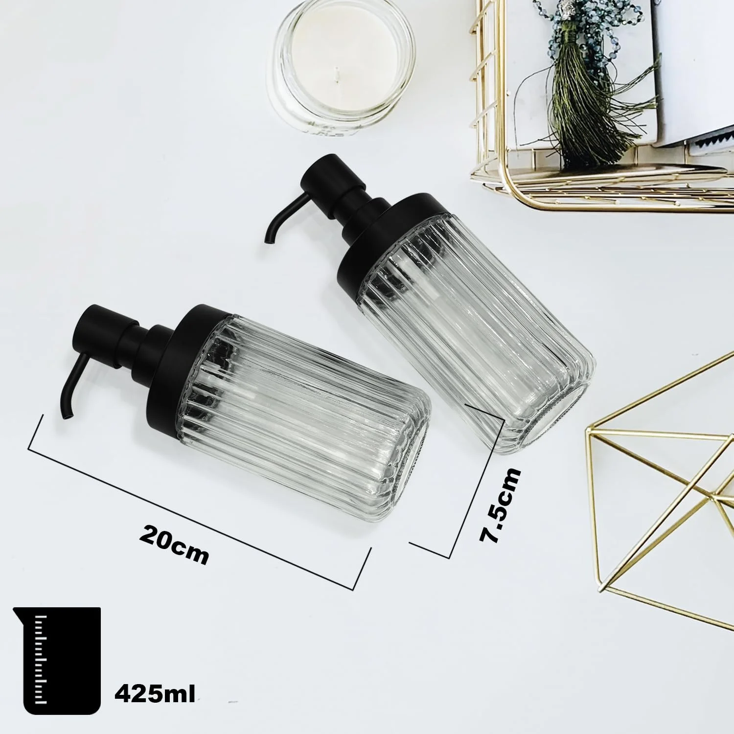 Suanti 2 PCS Glass Soap Dispenser Set for Bathroom & Kitchen Sink Refillable Liquid Soap Bottle with Squeeze Pump for Hand Dish