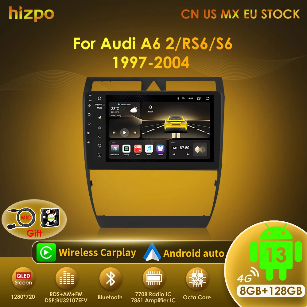 

Hizpo 8G 128G Car Radio Carplay For Audi A6 C5 2 RS6 S6 1997 - 2004 GPS 1280*720P Android 13 Auto 2din Multimedia Player Stereo