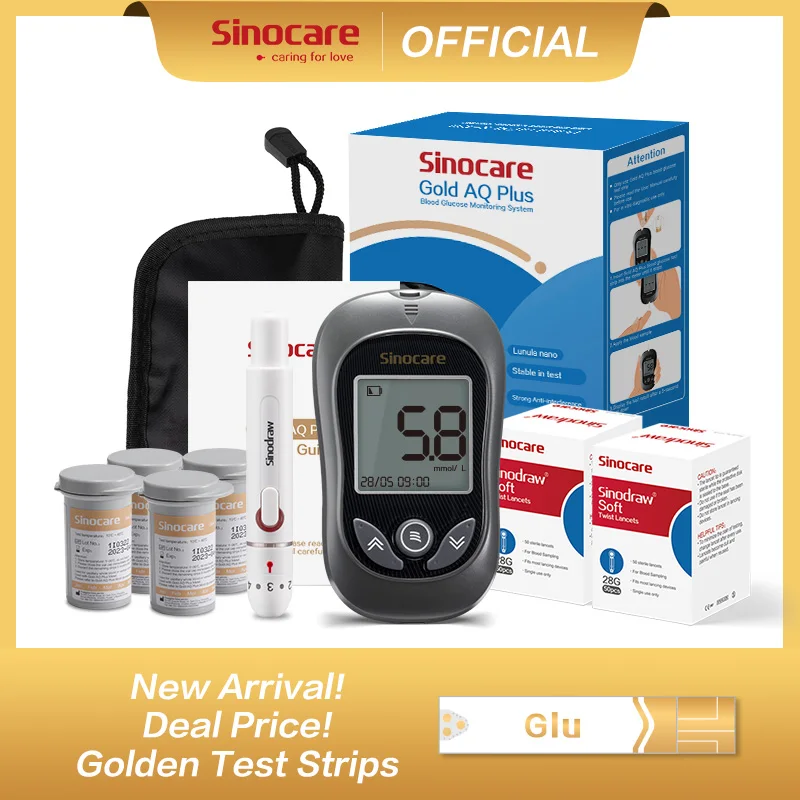 Sinocare Gold AQ Plus Blood Glucose Meter Kit Blood Sugar Test Kit with Golden Strips More Accurate Diabetes Monitor