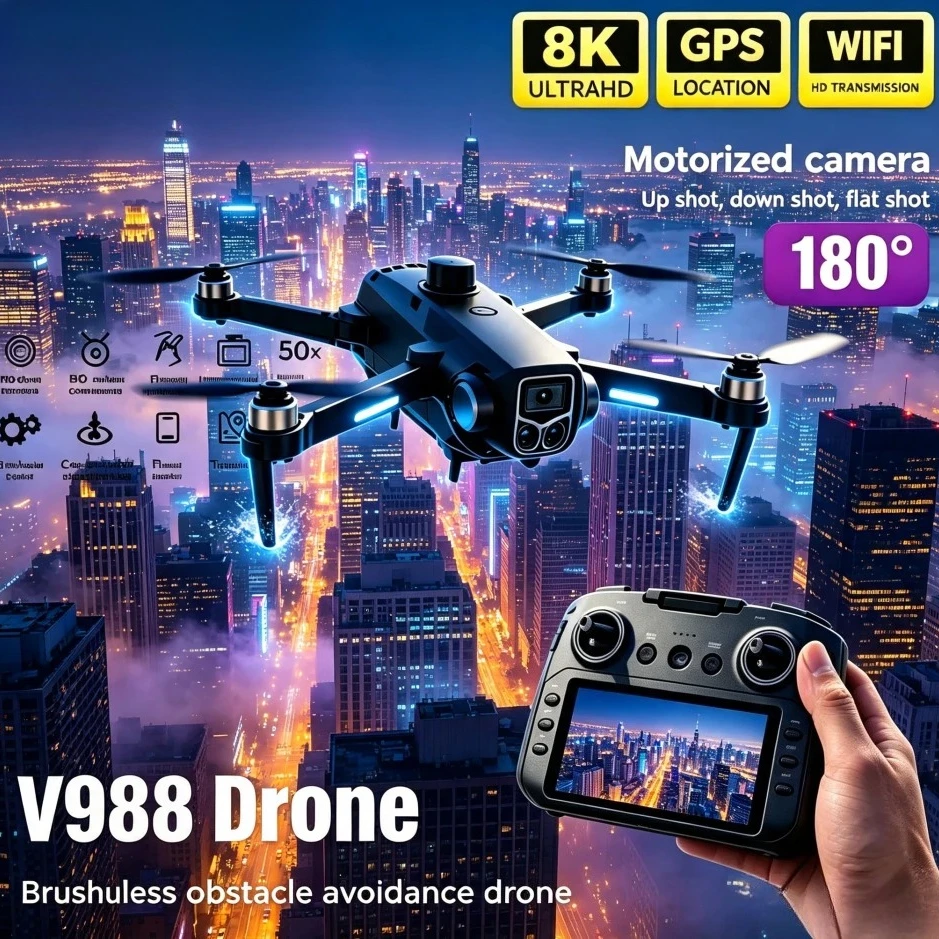 Original V988 Large Screen Remote Control Quadcopter Foldable HD8K Dual Camera 5G WIFI FPV Professional Obstacle Avoidance Drone