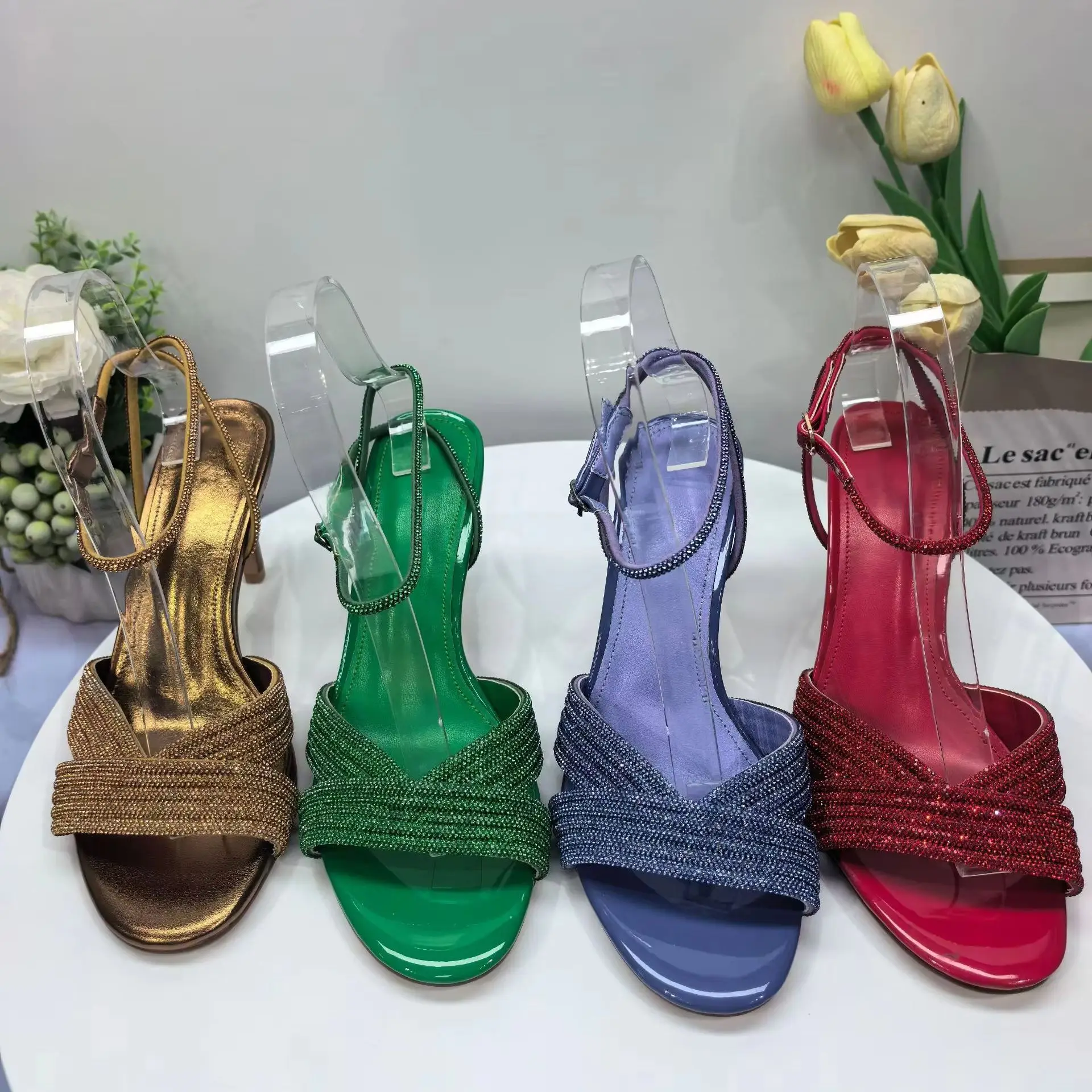 Design Women's High Heel Open Toe Sandals Bright Leather Slingback Crystal Detail Summer Holiday Fashion Ladies' Footwear