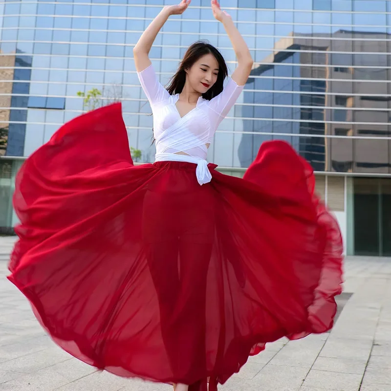 Falda de danza Oriental para mujer, traje de actuación, 720 grados, círculo completo, rojo, 1000