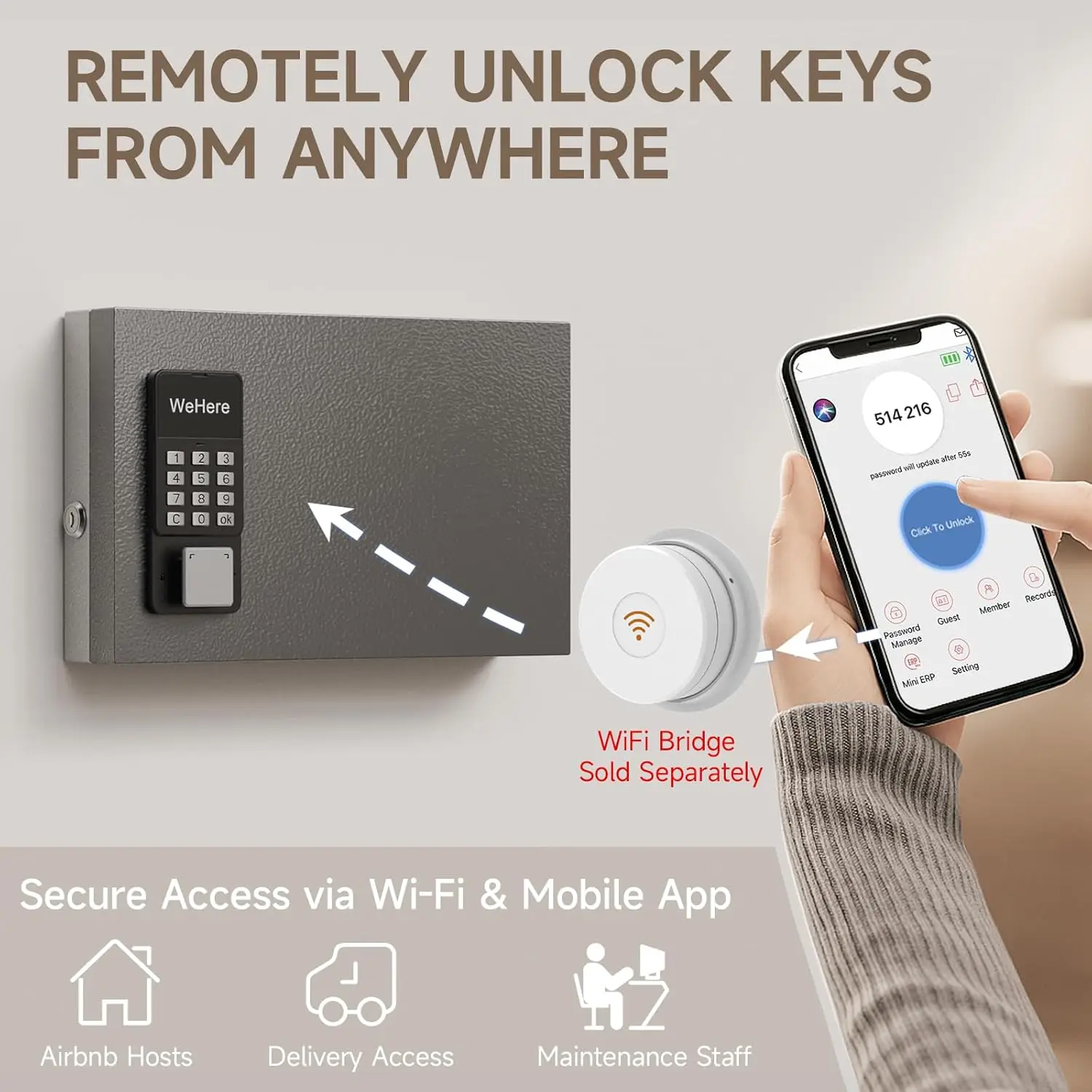 WeHere Remote authorization unlocking Smart Lock Box, 24 Keys Storage Cabinet Wall Mount,OTP/APP Bluetooth/WiFi/Code/Key Unlock