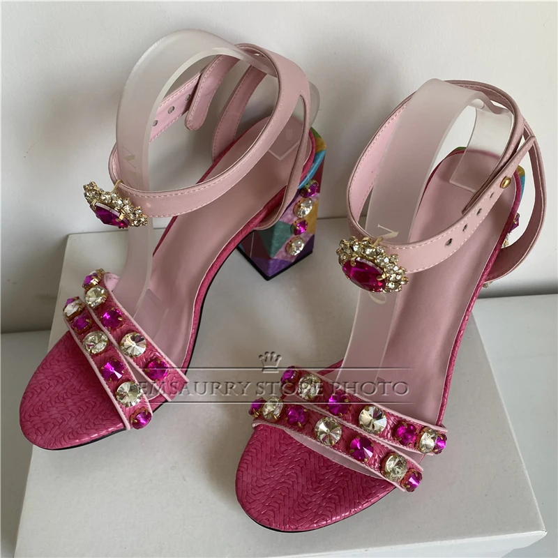 Diamond Square High Heel Sandals Women 2024 Jeweled Rhinestone Buckle Decor Strap Crystal Summer Shoes