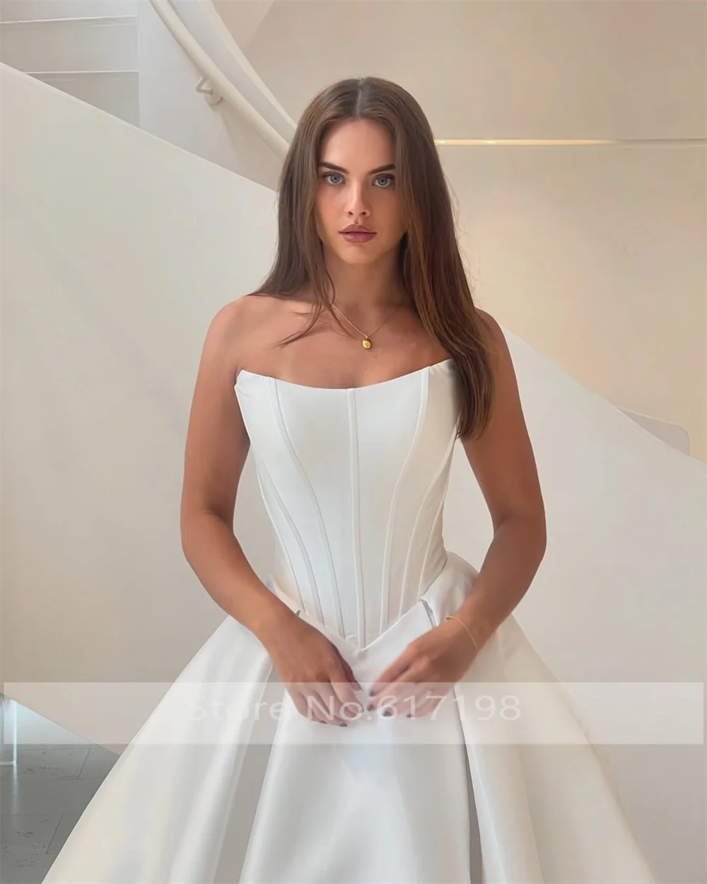 Women's Strapless Satin Solid Wedding Party Dress Backless Button A-line Modest Wedding Gowns with Court Customized