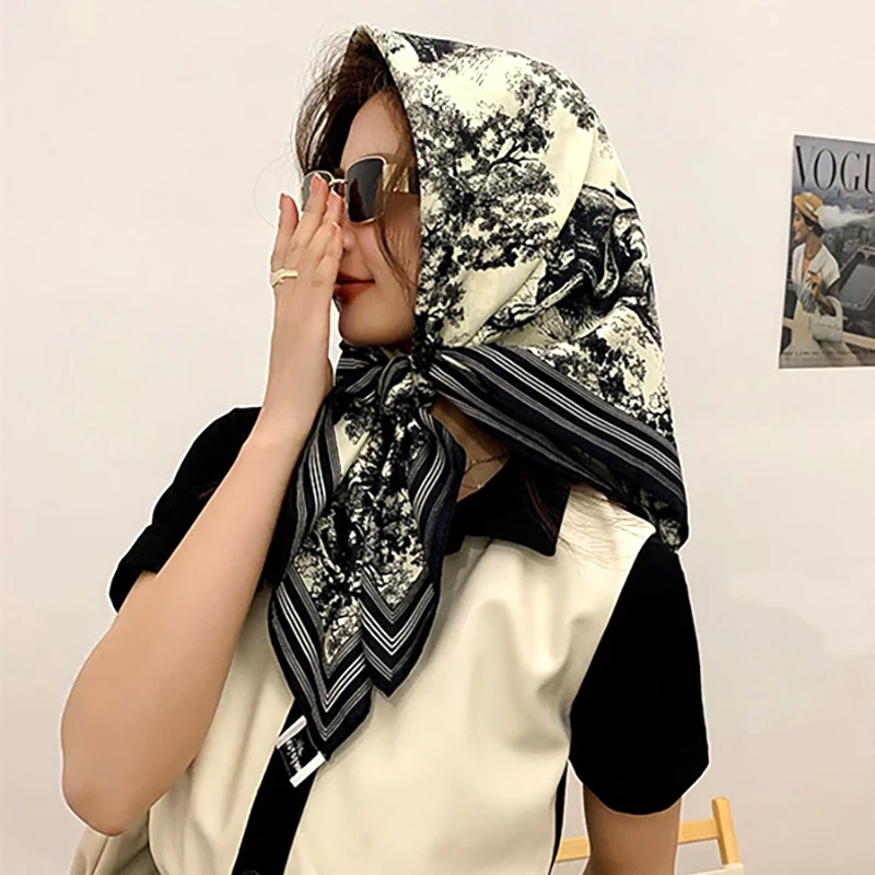 Spring Scarf Women\'s Luxury Design Scarf Silk Smooth Scarf Soft Muslim Headband Shawl Beach90x90cm