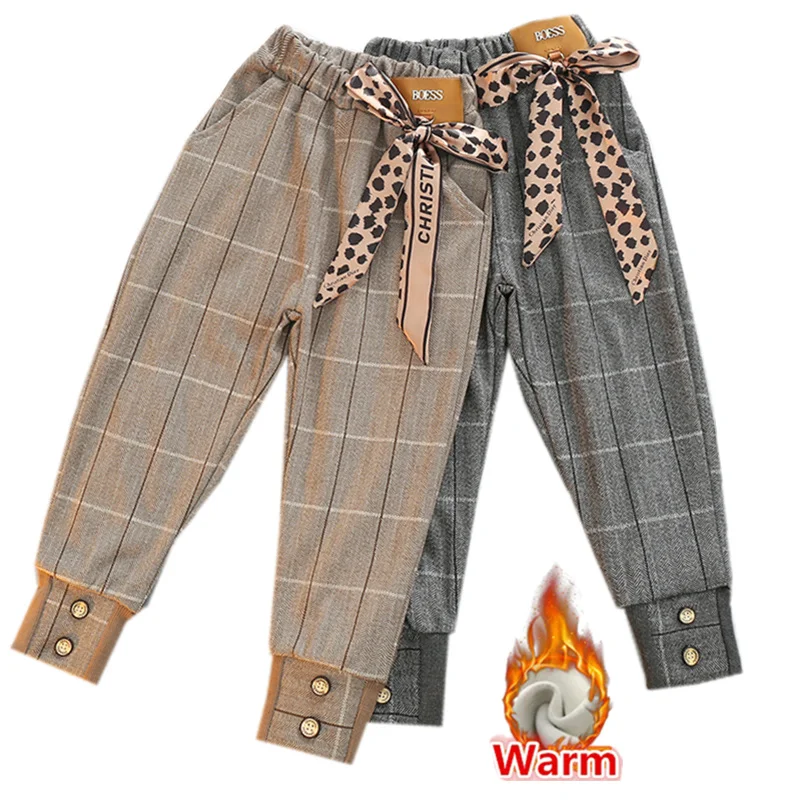 

Kids Winter Thermal Pencil Pants with Leopard Bows For Girl Warm Corduroy Plaid Trousers Teenage Child Fleece-Lined Sports Pants