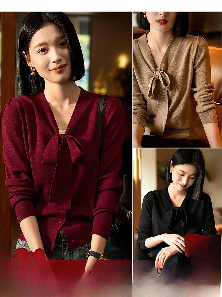 

XiaoHanGe 6 Needle Knitted Woolen Cardigan V Ne Belted Soft Long Sve Warm Pure Color Women's Faion Commute Sle