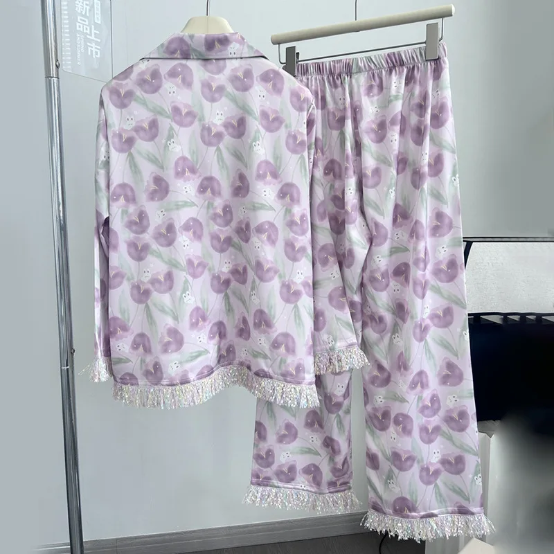 Dames Pijama Sets Lange Mouw Top Gebloemde Broek Zijden Huispak Herfst Losse Katoenen Casual Kwastje Koreaanse Pyjama Set