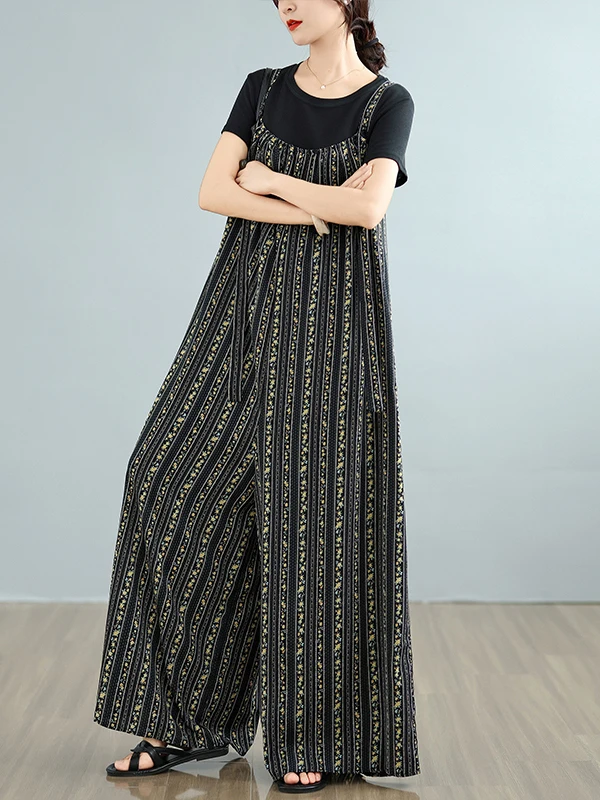 ريترو التخسيس الصيف 2025 بذلة واسعة الساق عادية فضفاضة تناسب مطبوعة السراويل الطويلة l الخصر زر التفاصيل Bal