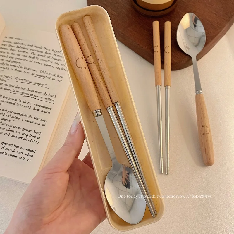 Cylindrical Tableware Set with Wooden Handle, Chopsticks and Spoon, Stainless Steel, Convenient Outdoor Tableware