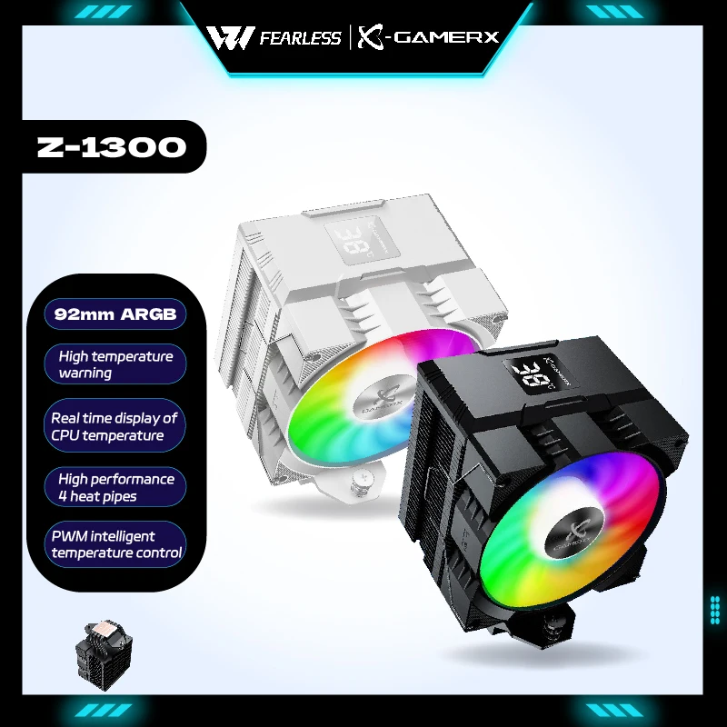 

Power Train X-Gamerx Z-1300 Процессорный кулер 92 мм, четыре тепловых трубки с цифровым дисплеем, вентиляторы ARGB, воздушные охладители PWM 4PIN LGA1700 1200 115X