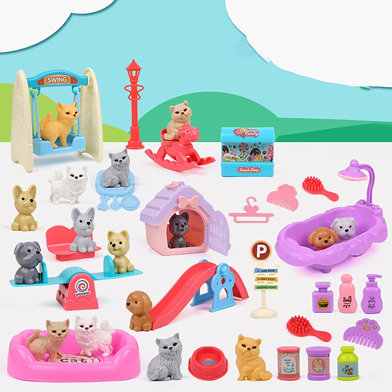 

9/13PCS Christmas Decoration And Thanksgiving Gifts Cute Dog Pet Basket Family Toys Dog Doll Set Dog Cage Prop Scene Playing Toy