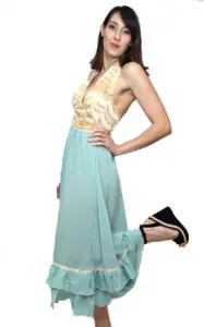 Women's dress with lace back neckline. Offer party dresses. Dress with bare back in green yellow